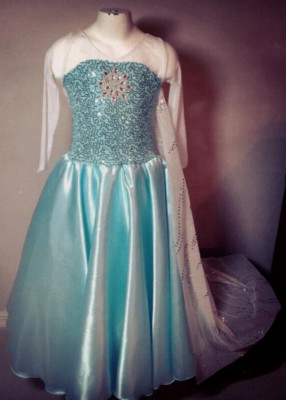 Frozen Elsa Sequin Satin Gown Costume Long Train Size 8 Girls Cosplay Custommade