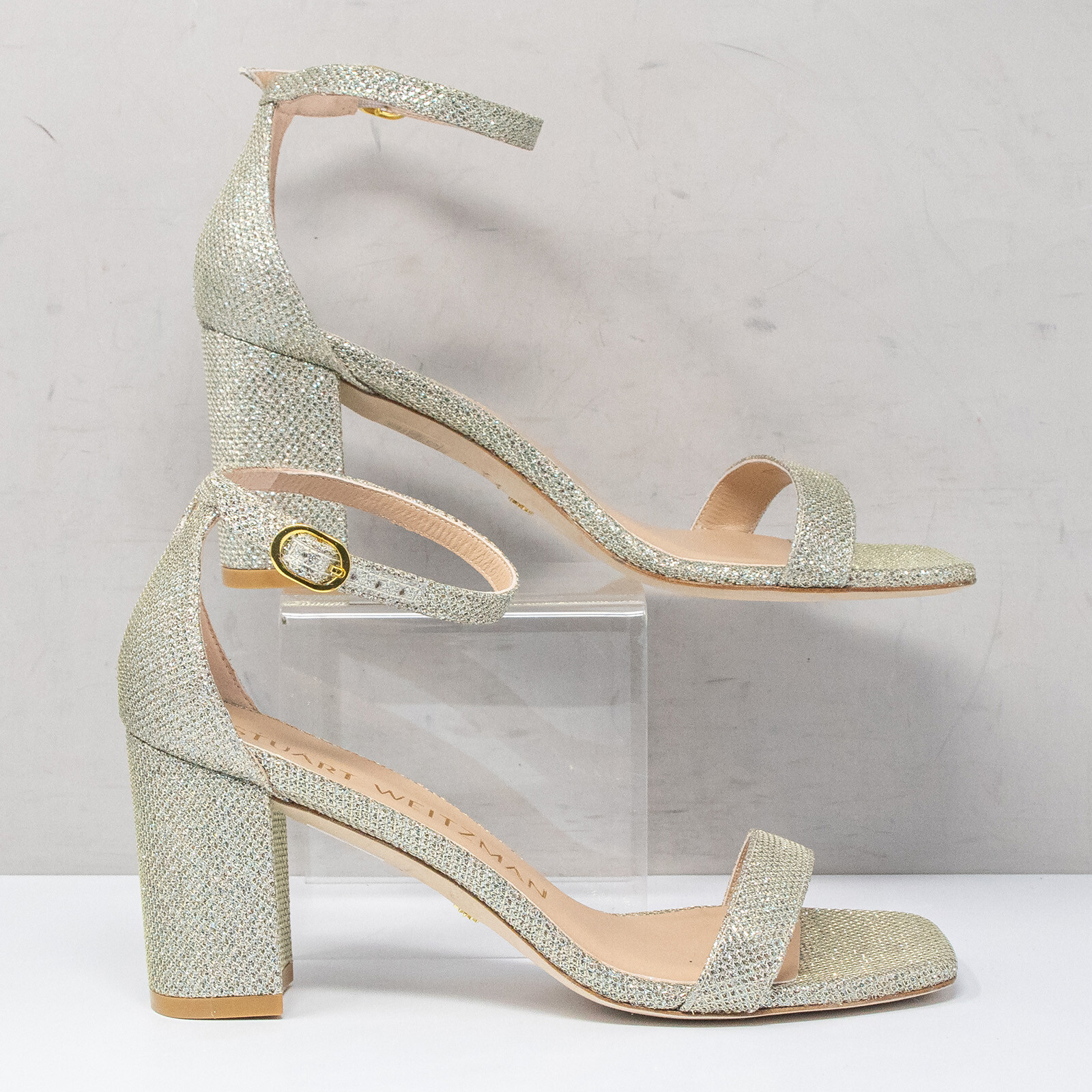 Stuart Weitzman Nudistcurve 75 New Noir Silver Block Heels, Size 6.5 B