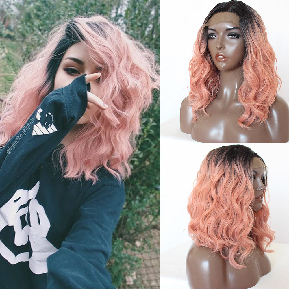 Short Bob Wavy Synthetic Lace Front Wigs Pink Ombre Fiber  display picture 3