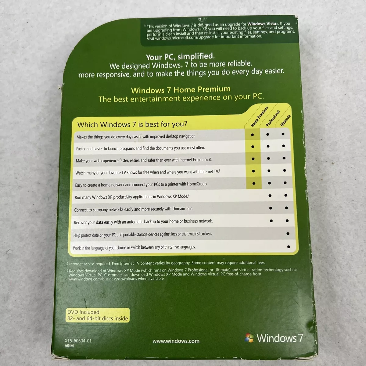 Microsoft Windows 7 Home Premium Upgrade-32 & 64 Bit DVDs W.