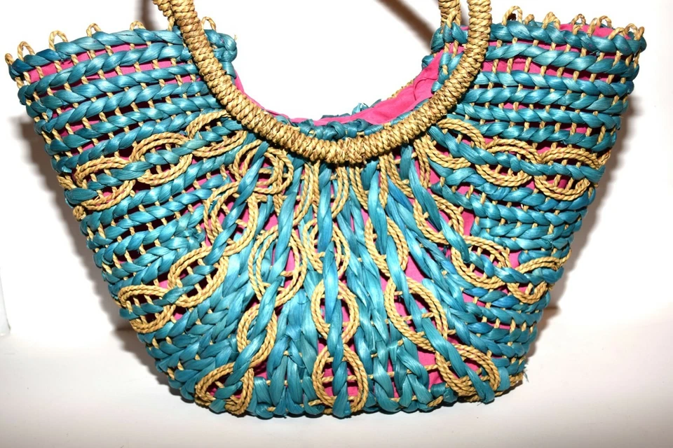 Braided Natural & Dyed Turquoise Genuine Straw Pink Cloth Lining Large Tote Bag - Image 2 of 4