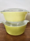 Vintage Pyrex Verde Green/Avocado Yellow casserole 2 Piece Set w/lids 471 & 472