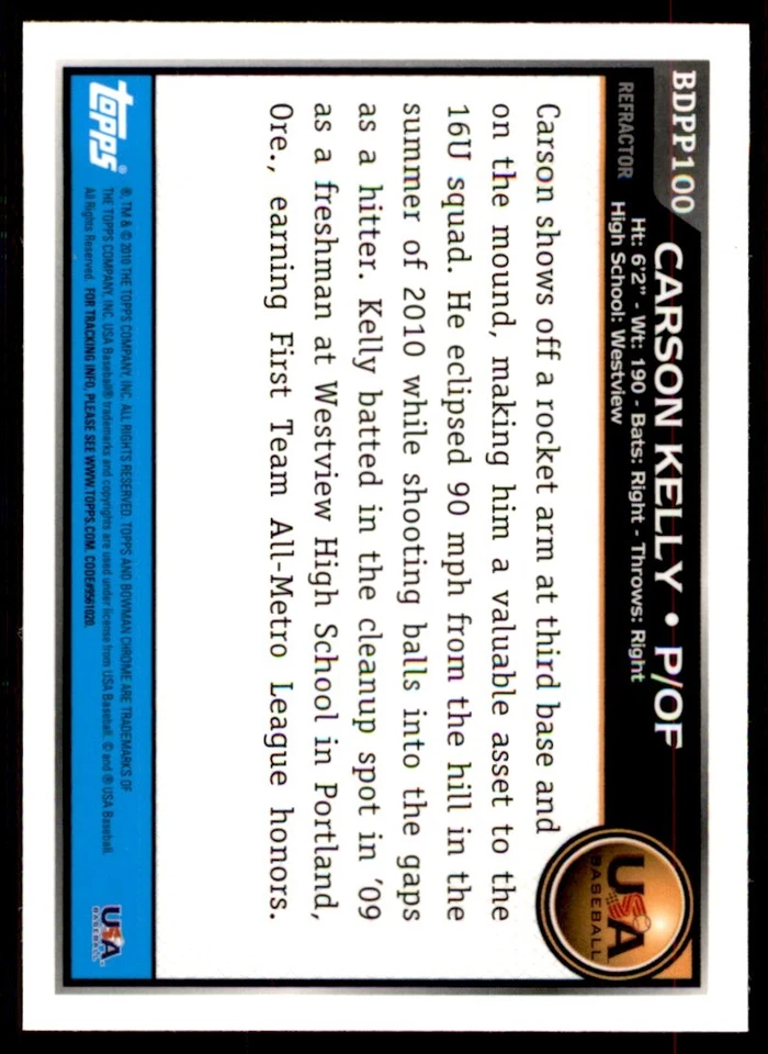 2010 Bowman Chrome Draft Prospects #BDPP100 Carson Kelly - Image 2 of 2