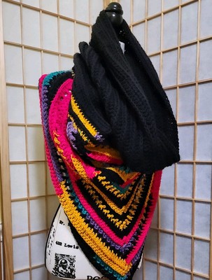Handmade Crocheted Wild Oleander Hooded Scarf Cowl Snood Black Multicolor 
