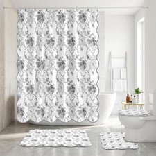 Scalloped Bathroom Sets with Shower Curtain and Rugs - Floral Floral Grey Black