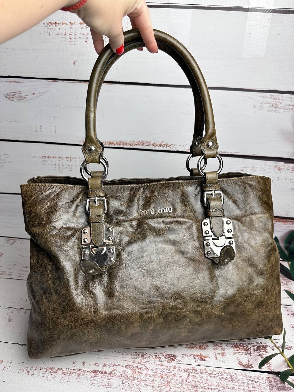 MIU MIU Vitello Lux Shine Leather Tote Bag Khaki Olive Green Vintage
