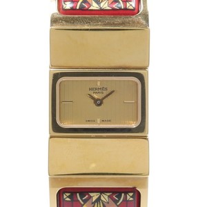 Authentic HERMES Loquet Red Quartz Watch L01.210 Gold Plated/Enamel Gold