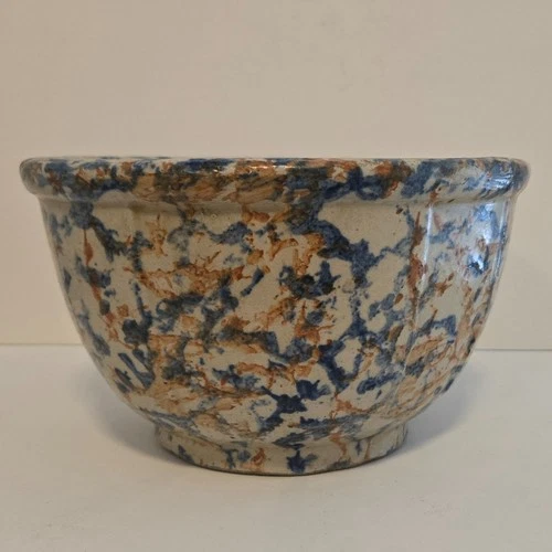 Red Wing Pottery Spongeware Paneled Mixing Bowl Rust/Blue 1920s-1930s 8"