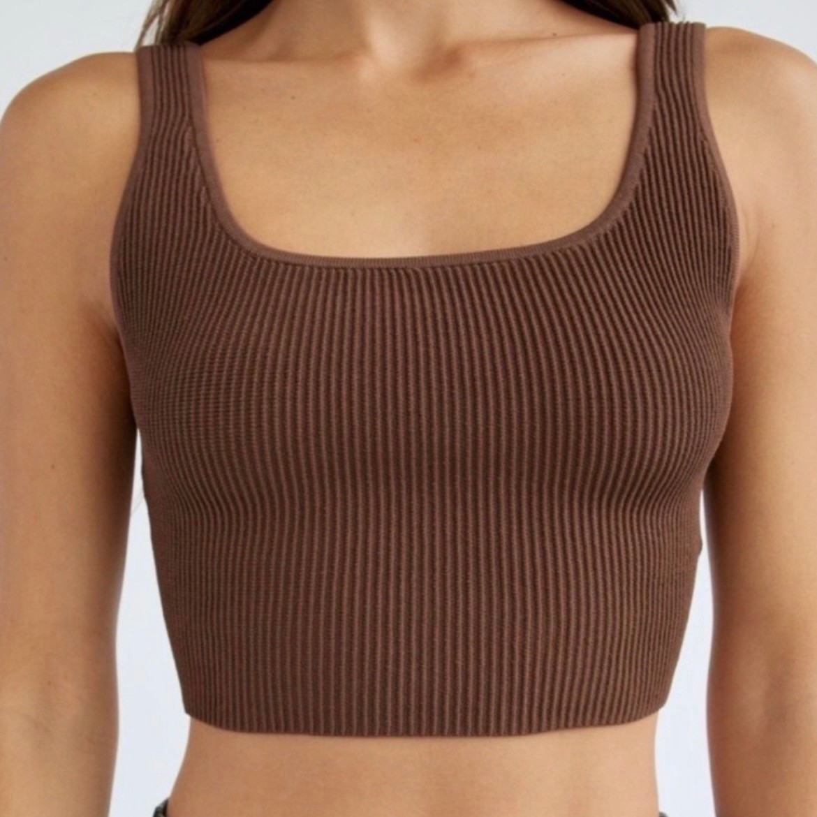 Aritzia Babaton Sculpt Knit Square Neck Crop Tank Top S Brown Neutral Clean Girl