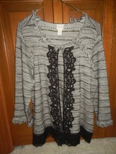 CHICOS Women's Black White Open-Front Black Lace Trimmed Fringed Jacket SZ 2/L
