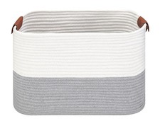 Large Cotton Rope Storage Basket with Leather Handles Laundry Hamper Basket 2...