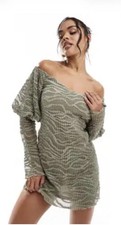 $64 NWT ASOS DESIGN plisse lace bardot mini dress with puff sleeve in sage US2