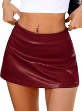 Small Red Low Rise Mini Leather Skirt with Shorts for Women