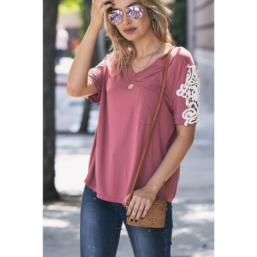 Lace Sleeve Detailed V Neck Pocket Top Mauve Medium - 第 1/8 張圖片