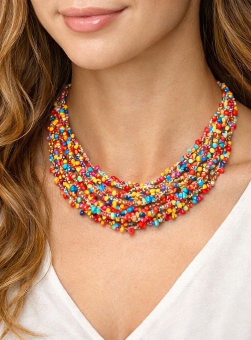 Rainbow Multistrand Seed Bead Statement Necklace … - image 4