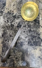ANTIQUE PRIMATIVE STYLE BRASS & IRON LARGE PIERCED STRAINING LADLE / DIPPER🔎👀
