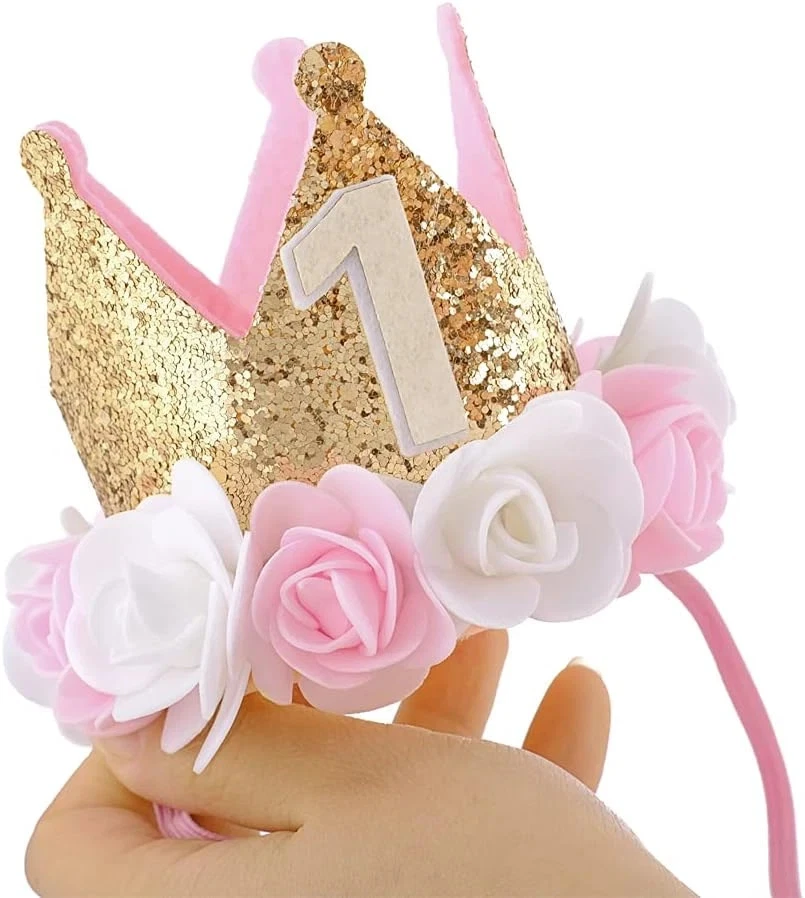 1er Sombrero Cumpleaños Niña Decoraciones Primero para Regalos Bebé Oro Rosa Corona Parte Foto 4 de 4