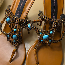 Steve Madden Women  s Brown/Blue Beaded Rhinestone Thong Stiletto Heels 8.5M