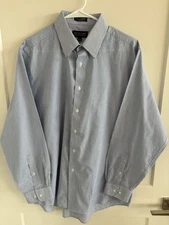 Men's Blue Pinstriped Bergamo New York Fitted Button Down Shirt  Large 16-16 1/2
