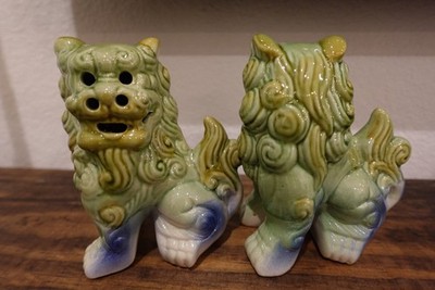 Vintage 1980s Ceramic Majolica Green Foo Dogs (2) Fierce Shishi Lions-Good Luck