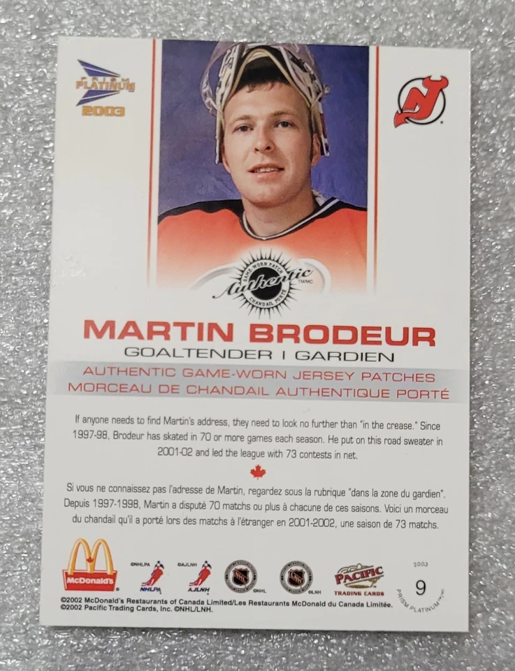 MARTIN BRODEUR 2003 PACIFIC PRISM PLATINUM SILVER MCDONALD’S  PATCH CARD 41/220 - Image 2 of 4