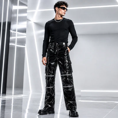 Men's Black PVC Convertible Cargo Pants Glossy Vinyl Zip Off Techwear Trousers - Photo 1/4