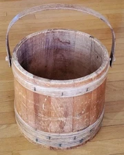 Vintage 12" Wooden Firkin Sugar Bucket w/ Swing Handle – Primitive Rustic Decor
