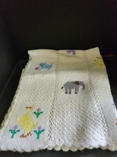 Vtg Crochet Handmade Baby Blanket Animals 40"x50" Bunnies Ducks ElephantsFlowers