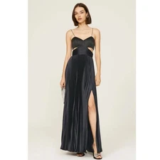 AMUR Black Satin Pleated Bustier Rib Cut-Outs Elodie  A-Line Gown Size 4