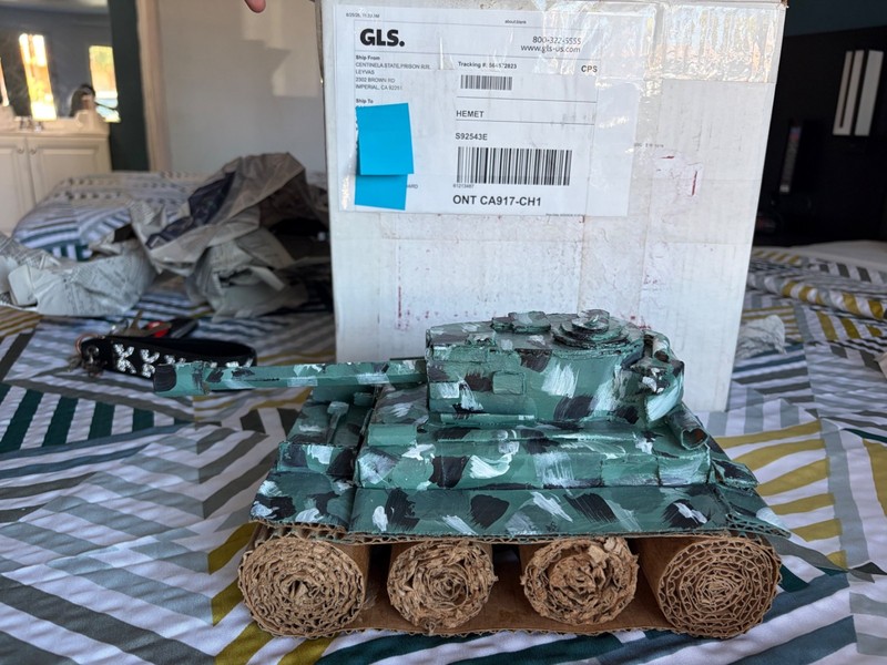 card broad handmade tank made by an inmate in a state prison