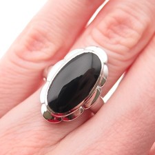 925 Sterling Silver Real Oval-Cut Black Onyx Floral Ring Size 6.25