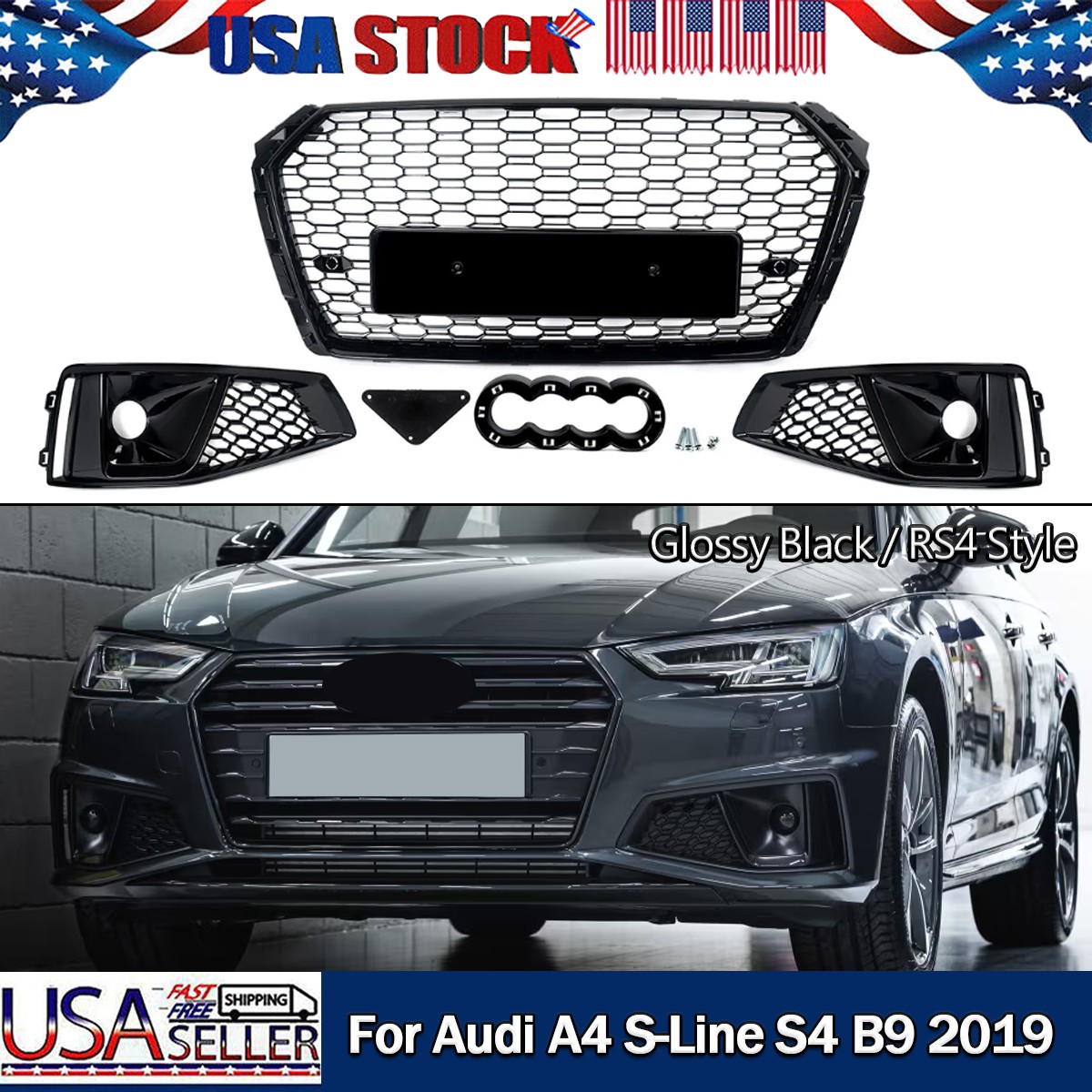 GLOSSY BLACK FRONT BUMPER GRILLE FOG LIGHT GRILL COVERS FOR 2019 AUDI A4 S-LINE