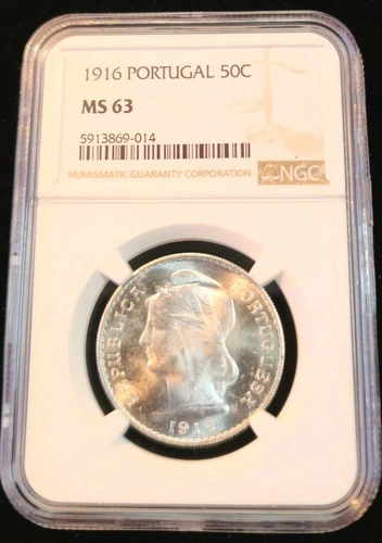 1916 PORTUGAL SILVER 50 CENTAVOS LIBERTY HEAD NGC MS 63 BEAUTIFUL BRIGHT LUSTER