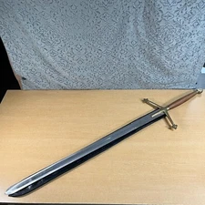 Vintage Wood & Brass Cross Handle 52 Inch Pakistan Steel Sword Leather Sheath