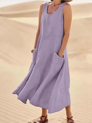 Women's Cotton Linen Maxi Dress Ladies Solid Pockets Sleeveless Summer Sundress - Picture 8 of 34