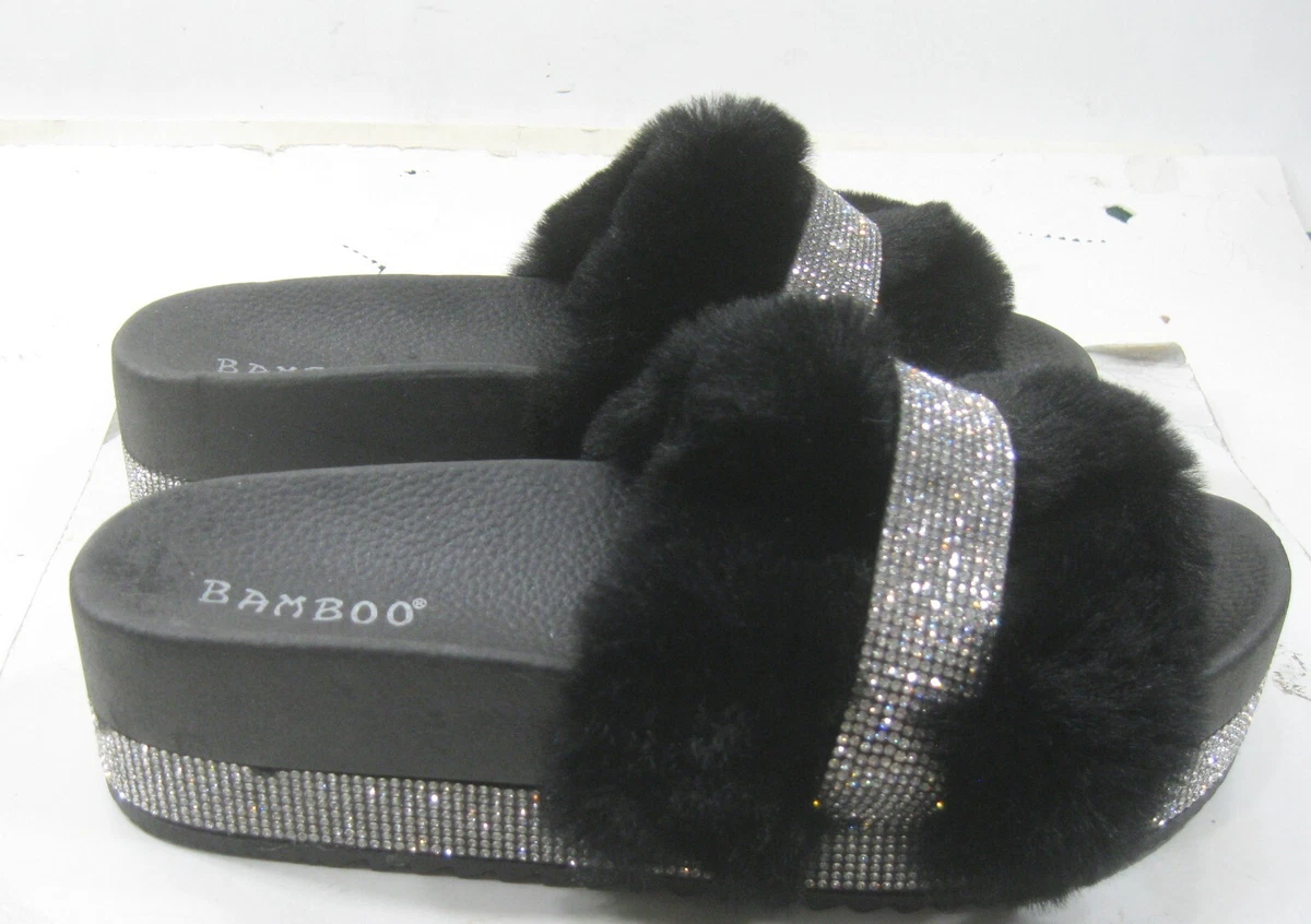 BAMBOO BLACK SILVER FURRY Open Toe Slides Flat Sandal Shoes WOMEN