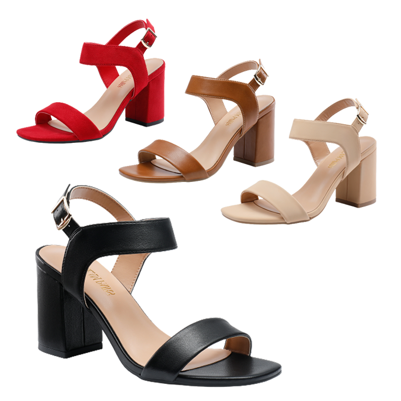 Women High Chunky Heels Square Toe Block Ankle Strap Dress