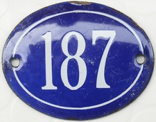 Old blue oval French house number 187 door gate plate plaque enamel steel sign