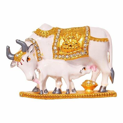 Decorative Kamdhenu Brass Cow and Calf Statue Spiritual Idol Décor Showpiece - Picture 4 of 5