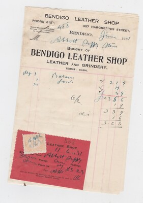 Original Old Bendigo Leather Shop store Docket 1933 with 2d Victoria Duty Stamp