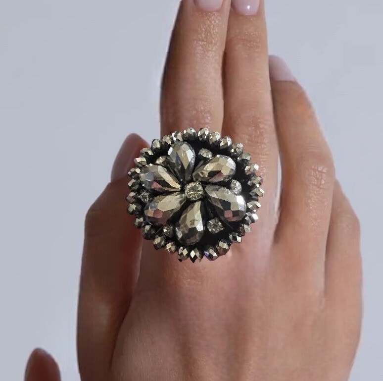 Crocheted Beaded Crystal Ring Adjustable Silver T… - image 8