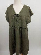 TRUE CRAFT olive green cotton gauze babydoll casual shirt dress 0X