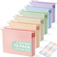 Plastic Extra Capacity Hanging File Folders, 2" Pastel Expanding Pocket, Heav...