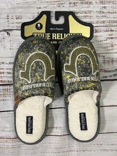 True Religion Mens 7-8 Fleece Horseshoe Charm Olive FloralHouse Slippers NWT