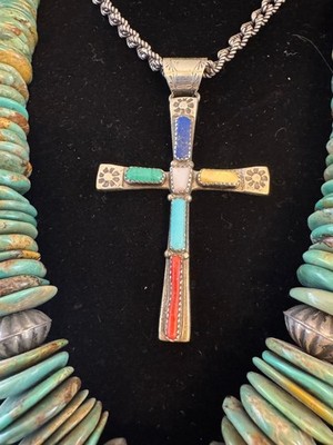 Vintage Large Zuni Sterling Cross Pendant Necklace 5MM Heavy Chain