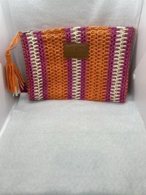 California Mango Summer Vibes  Travel Cosmetic Bag Raffia Ribbon Like Weave Pink