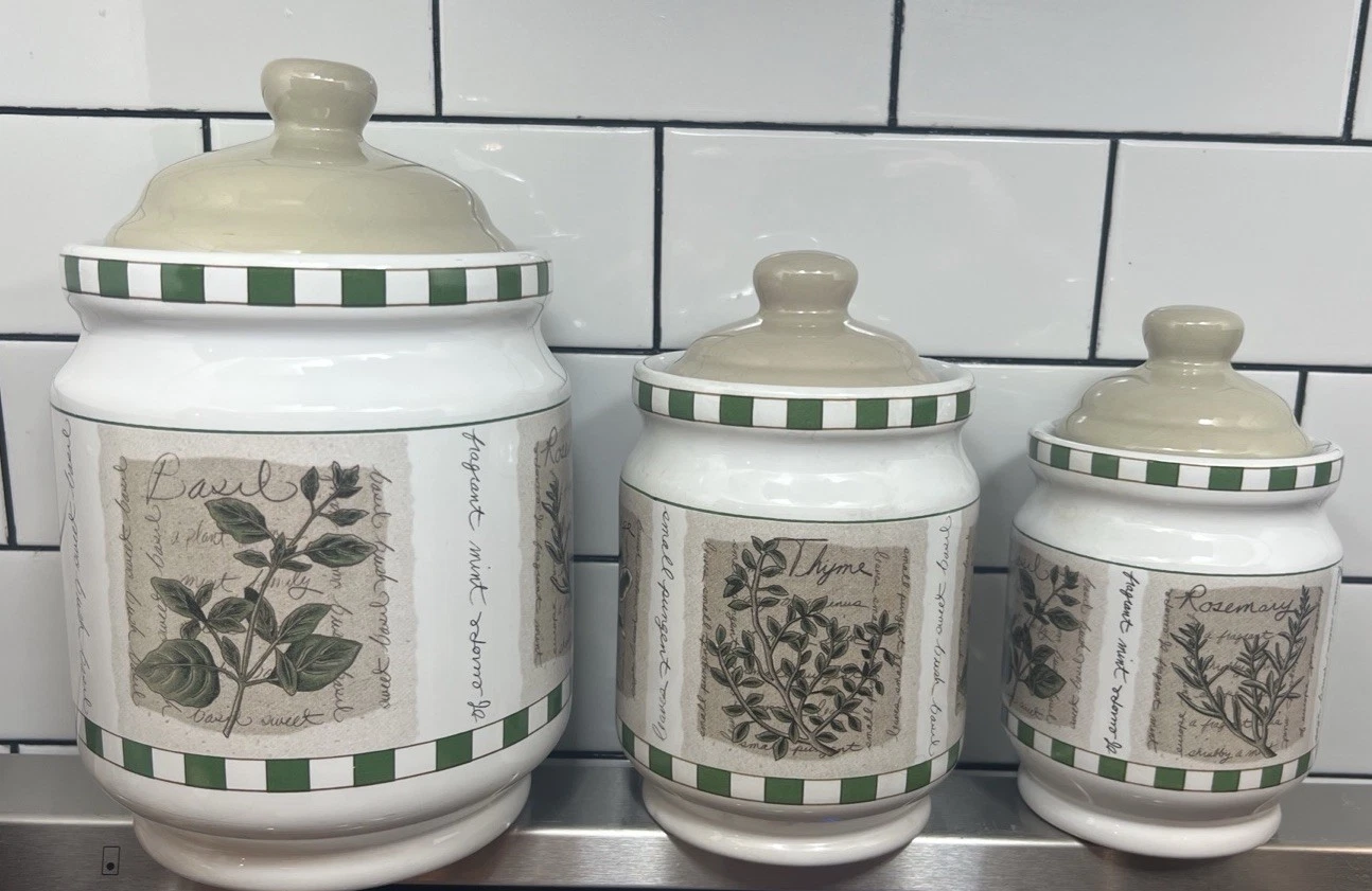 3 Ceramic Kitchen storage canisters Savory Thyme herbal design jar Beige Green
Opens in a new window
