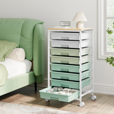 Storage Cart with 8 Drawers, Utility Cart with White Drawers and Wooden Tabletop