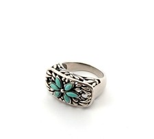 Size: 8 NF Turquoise Flower 925 Sterling Silver Filigree Ring 8.6g
