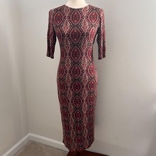 Alice + Olivia Dress 6 Burgundy Geometric Midi 3/4 Sleeve Bodycon Whimsigoth
